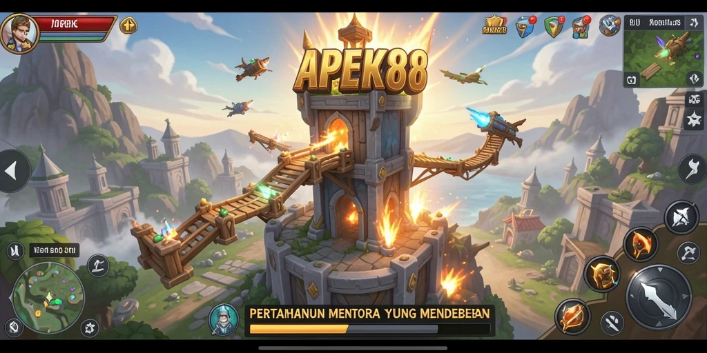Screenshot gameplay APEK88 yang menunjukkan pertahanan menara yang strategis.