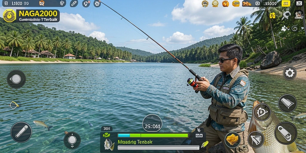 Screenshot NAGA2000 menampilkan aksi memancing seru di lokasi indah.