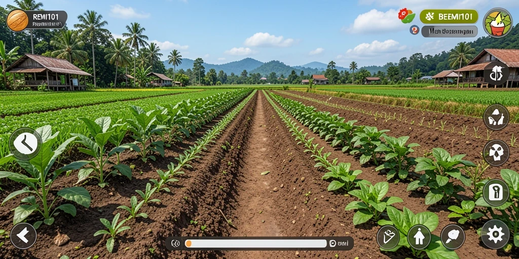 Screenshot utama menunjukkan petani sibuk di ladang.
